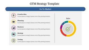 GTM strategy layout with five colorful icons and a circular chart on the right with placeholder text area.