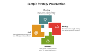 Strategy presentation slide with interconnected square shapes and icons for lightbulb, puzzle, target, and thumbs up.