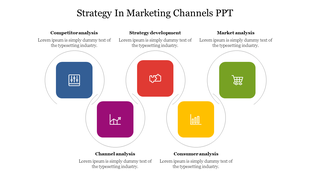 Marketing strategy slide with five colored icons representing competitor, strategy, market, channel, and consumer analysis.