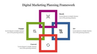 Slide featuring four colorful overlapping squares in pink, blue, red, and green, each with marketing icons and captions.