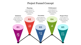 Slide featuring five funnel illustration with numbered stages 01 to 05, connected by a zigzag line, each in a unique color.