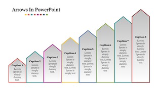 Eight ascending arrow blocks with colored outlines labeled Caption 1 to Caption 8, each containing placeholder text.