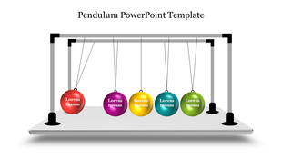 Slide featuring colorful pendulum balls and placeholders for text on a sleek base.