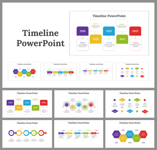 A collection of timeline slides featuring various shapes and colors to represent different periods and milestones.