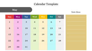 Calendar template for the month of May with multicolored day columns and a side panel for notes and planning.