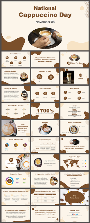 Slide deck with brown coffee themed visuals, discussing cappuccino history, health benefits, and fun trivia.