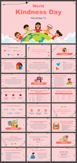 Set of slides showcasing illustrations of children, hearts, and content about kindness, on a pink background.