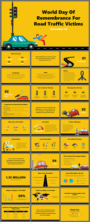 World Day of Remembrance slide detailing causes of accidents, and the importance of road safety awareness.