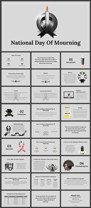 Slide deck featuring mourning ribbon and candle illustrations, and text layouts, with gray and black tones.