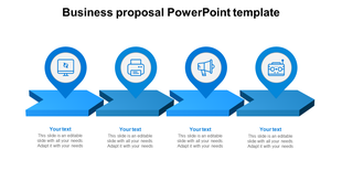 Business proposal slide design with four blue arrow process steps, each with an icon and placeholder text below.