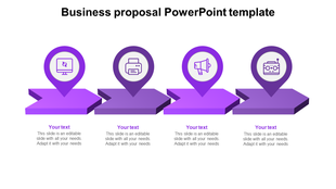 Four purple arrows with location pins on top, each featuring a distinct icon, aligned horizontally with text below.