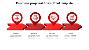 Four red 3D arrows with circular icons above, each with text space, on a white background.