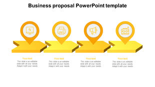 Four connected yellow arrow stages in a business proposal template, each featuring an icon in a map marker and caption areas.