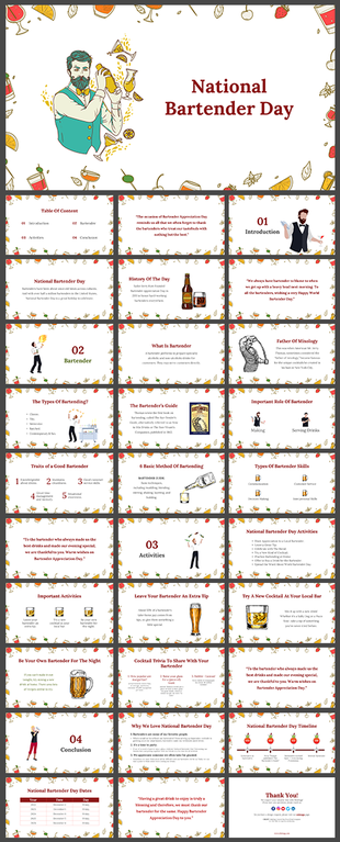 Festive slide deck featuring illustrations of bartenders, cocktails, and mixology activities.