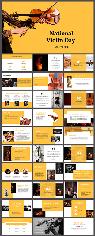Slides with violin themed images and informational sections on the history, types, and importance, with yellow highlights.