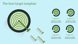 Target board with concentric green and white circles, an arrow in the center, and four circular icons on the side.
