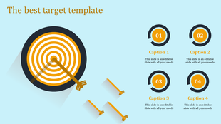 Target PowerPoint slide featuring orange and black concentric rings with arrows pointing toward the center with captions.