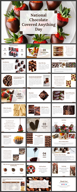 National Chocolate Covered Anything day slides with sections on chocolate types, activities, and fun facts.