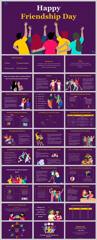 Slide deck celebrating friendship day with vibrant visuals, highlighting the history, traditions, and global celebration.