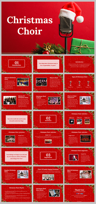 A pack of Christmas choir slides covers various related topics with text descriptions on a red theme.