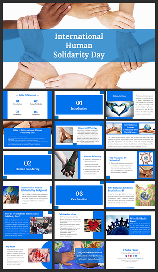 International human solidarity day slides with images of joined hands, covering unity, and celebration, in blue theme.