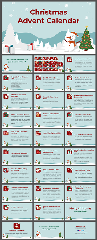 Advent calendar slide pack with Christmas themed activities, snowman, presents, and holiday icons on a winter scene.