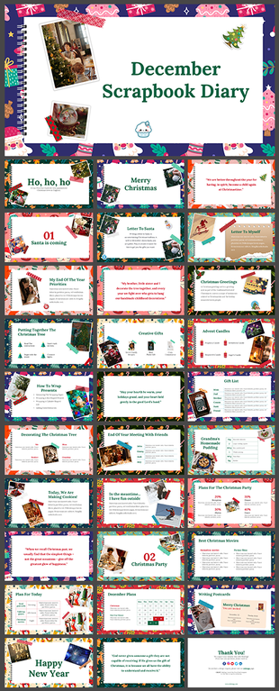 Colorful December Scrapbook Diary slides featuring pages on Christmas greetings, gift lists, and holiday activities.