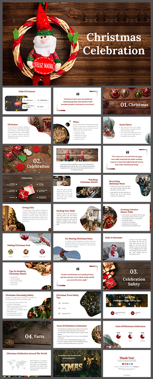 Christmas Celebration PPT slides featuring traditions, celebrations, safety tips, and worldwide facts about the holiday.