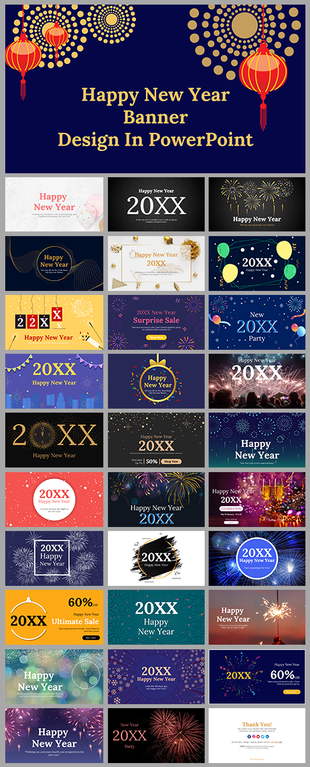 Slide deck featuring colorful happy new year banners with fireworks, gold accents, and celebratory designs.