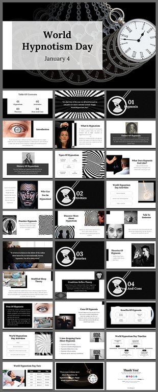 World Hypnotism day slides on hypnosis history, theories, and activities, featuring hypnotic visuals and key information.