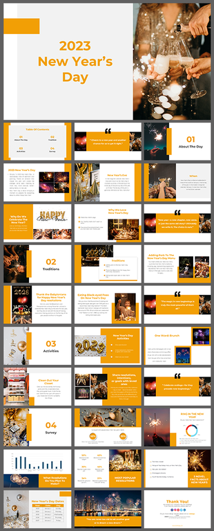 New Year's day slides about its traditions, and activities, and a survey with various images.
