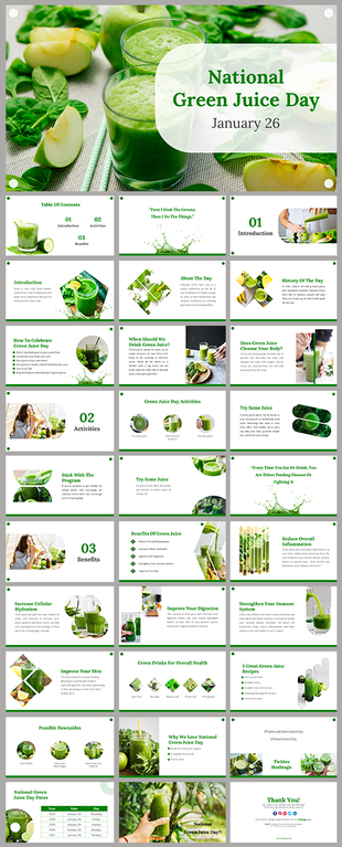 National Green Juice day featuring slides on green juice benefits, history, activities, and tips for celebrating on Jan 26th.