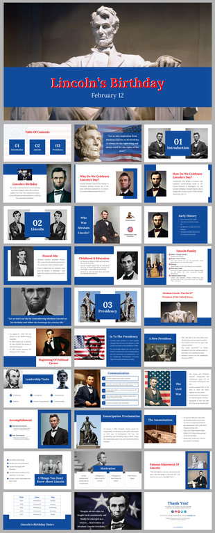 PowerPoint slides celebrating Lincoln's Birthday, including images of Abraham Lincoln, his family, and significant moments.