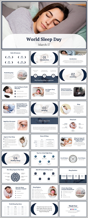 Slide deck illustrating importance, healthy practices, brain impacts, and recommended hours of sleep.