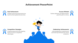 Achievement themed PowerPoint slide with icons representing goal achievement, success mindset, and competition strategies.