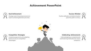 Achievement themed slide featuring a cartoon figure with a trophy at the peak, surrounded by four gray ribbons with captions.
