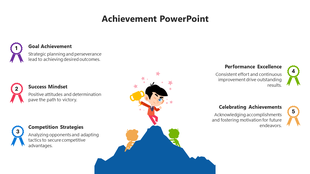Infographic with a person on a mountain peak holding a golden trophy, flanked by five colorful achievement ribbons.