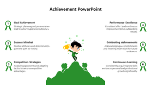 PowerPoint template featuring key themes from Goal Achievement to Continuous Learning with trophies and text descriptions.