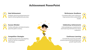 Slide featuring six achievement points in yellow with captions and a boy standing on a mountain holding a trophy.