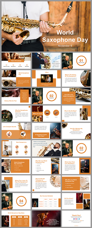A slide deck with images of saxophones and musicians, celebrating World Saxophone Day.