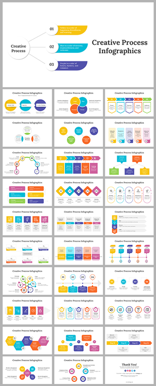 Creative process infographic slide deck with colorful flowcharts, timelines, circular diagrams, and multistep layouts.
