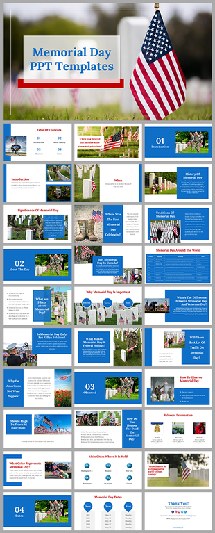 Patriotic Memorial Day slide deck featuring military honors, grave markers, U.S. flags, facts, and commemorative layouts.