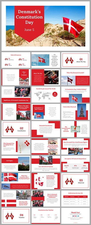 Denmark constitution day slides, featuring red and white designs, with sections on history, holidays, and celebrations.