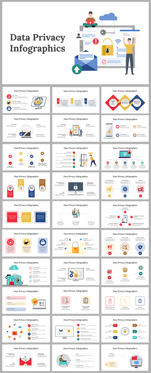 A collection of data privacy infographic slides showcasing various aspects in different colored layout designs with icons.