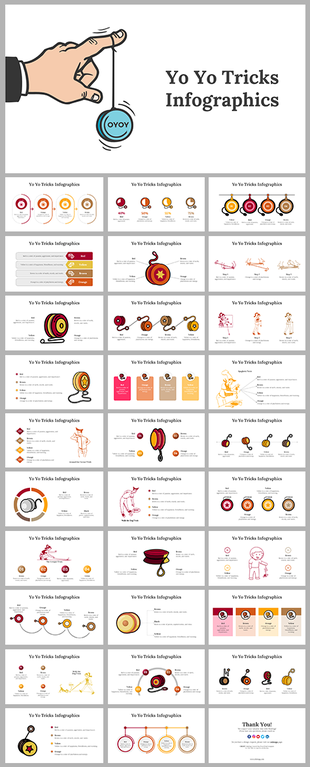 Infographic of a hand with a blue yo-yo slide deck, showing facts and tricks in multi coloured sets.