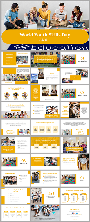Slide deck with a yellow and white theme, featuring youth images and covering skills, empowerment, and goals.