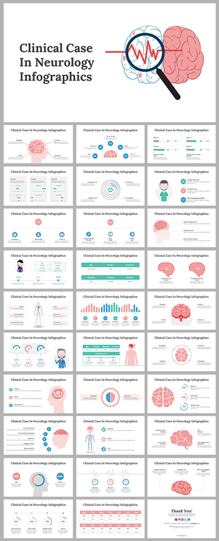 Slide for neurology infographics, featuring a brain diagram under a magnifying glass, along with the text.