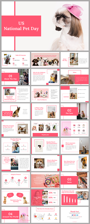 Pet themed slides with playful visuals, pink highlights, and informative sections on the importance of ownership and care.