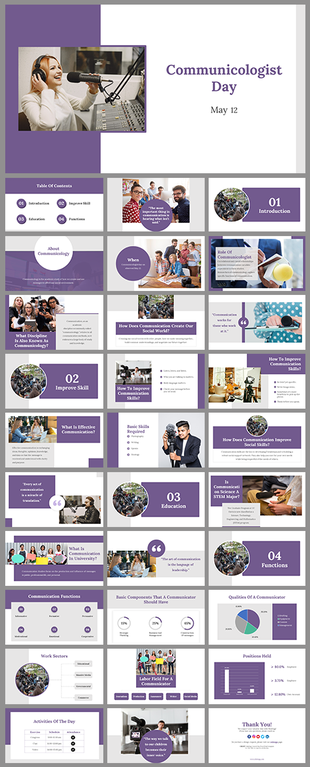 Communicologist day slides, featuring graphs, work sectors, and essential communication qualities in purple and gray design.