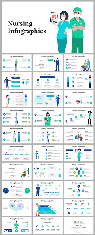 Nursing infographic slides with charts, icons, and illustrations related to healthcare and nursing.